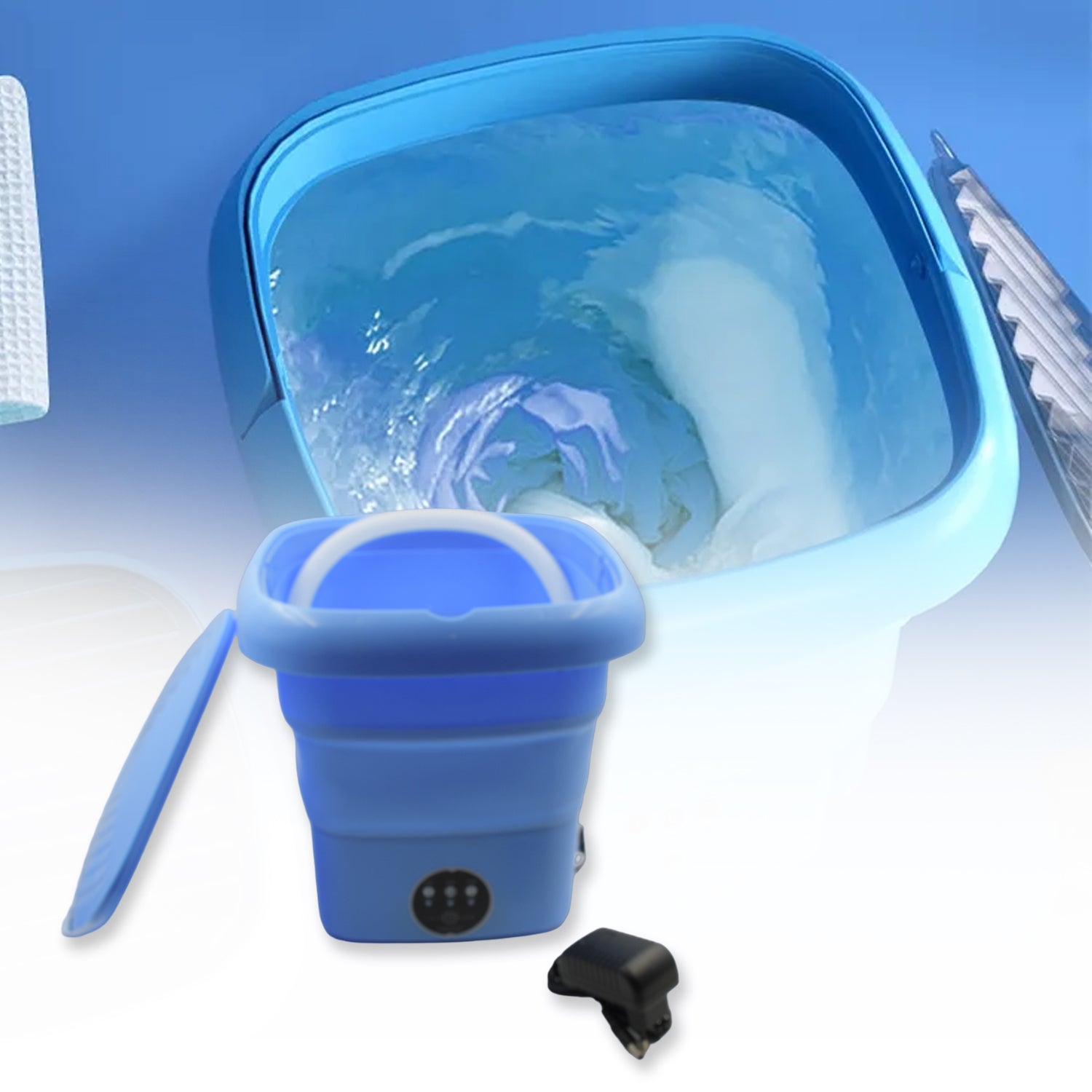 Detailed view of mini washing machine, ideal for small loads and travel. Detailed view of mini washing machine, ideal for small loads and travel.